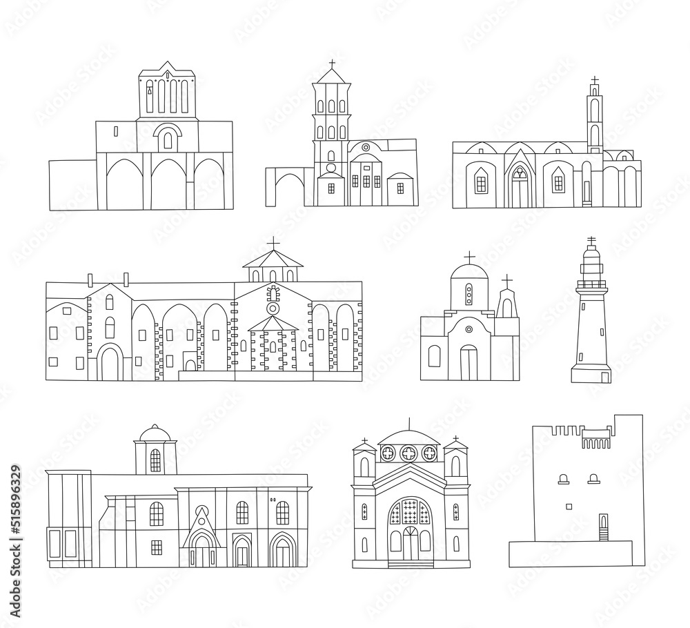 Vector line hand drawn illustration with Cyprys churches and monasteries. Stone Orthodox Christian Greek Arhitecture buildings set