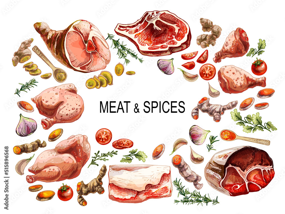 760_meat and spices, set of graphic images in the form of a frame