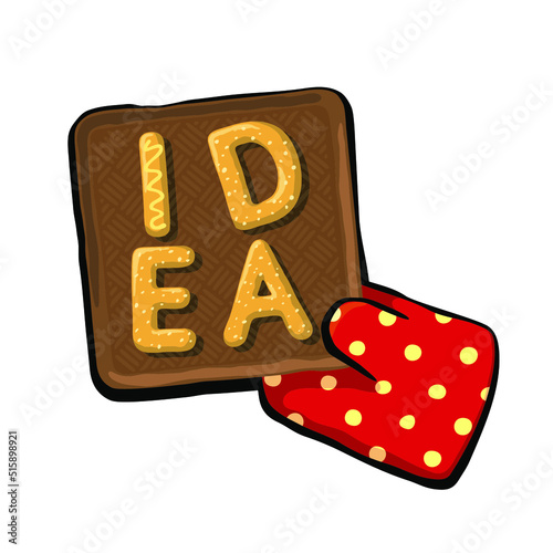 hand in oven mitt holding tray with idea cookies 