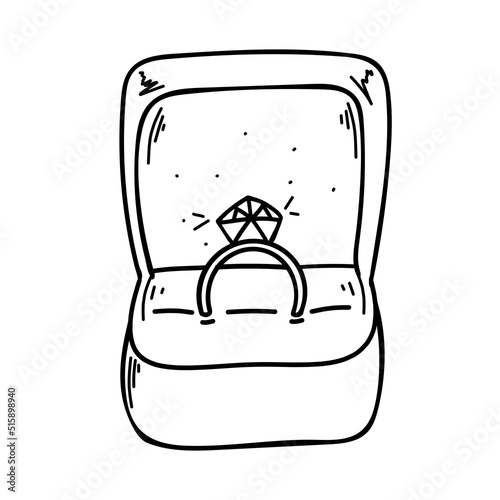 Wedding ring vector draw with diamond in doodle style isolated black on white background ring in a box Vector illustration