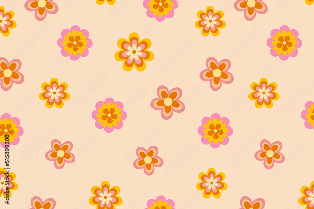 Seamless flower retro vibes pattern background 60s 70s. Hippie texture.  