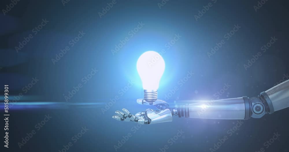 Animation of illuminated light bulb over hand of robot arm with illuminated light on dark background