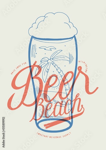Beer beach. Beach with a wave and palm-tree under the sun inside the beer glass. Beach vacation silkscreen vintage typography t-shirt print.