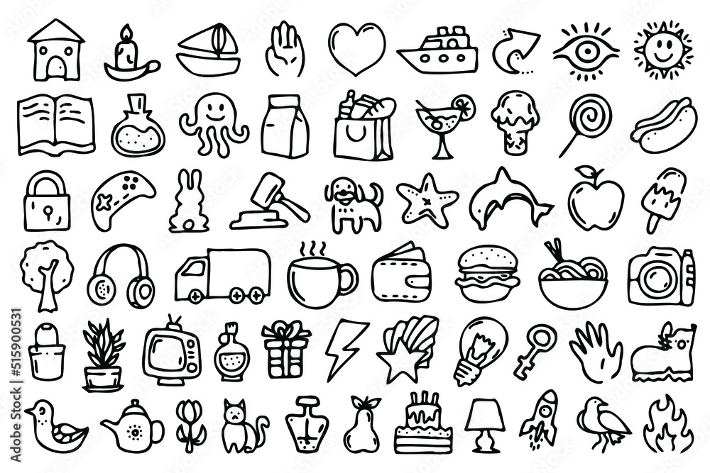 Line art icon set. Collection of hand drown icons with black thin line, universal, versatile outline vector icons, linear simple illustrations set.
