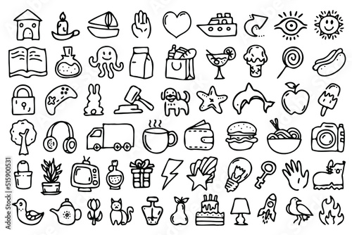 Line art icon set. Collection of hand drown icons with black thin line  universal  versatile outline vector icons  linear simple illustrations set.