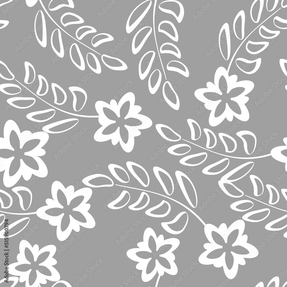 Fototapeta premium Delicate floral monochrome gray white seamless pattern 