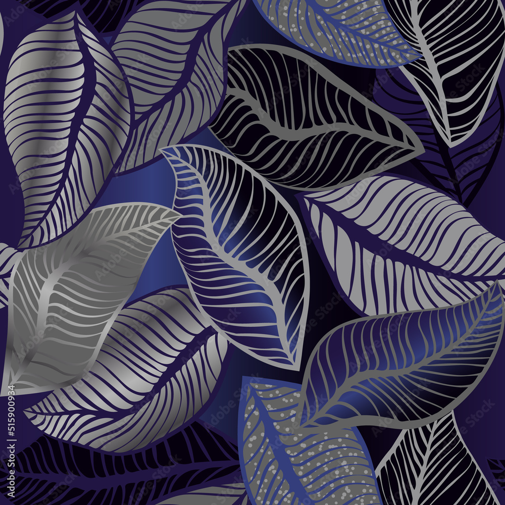 Dark blue with silver luxury leaves seamless pattern
