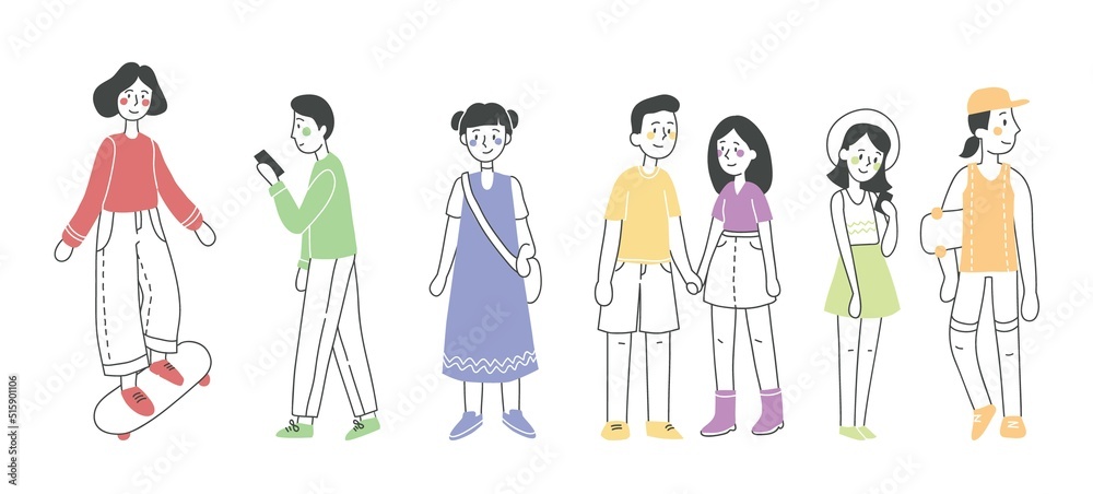 Set of teenagers wearing stylish clothes with telefone,skates and bags. Group of male and female cartoon characters dressed in trendy clothing. Flat vector illustration. Set of teenagers wearing stylish clothes with telefone,skates and bags. Group of male and female cartoon characters dressed in trendy clothing. Flat vector illustration.