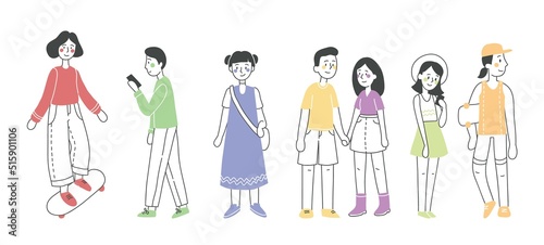 Set of teenagers wearing stylish clothes with telefone,skates and bags. Group of male and female cartoon characters dressed in trendy clothing. Flat vector illustration.