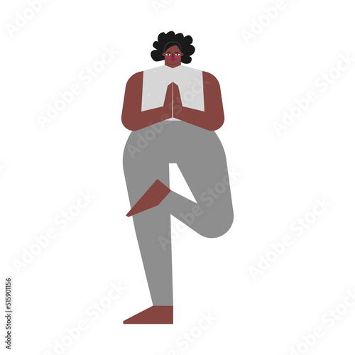 Vector isolated concept with flat body positive female character. African american woman learns posture and does Half Lotus Tree Pose at yoga class. Basic exercise - Ardha Padma Vrksasana
