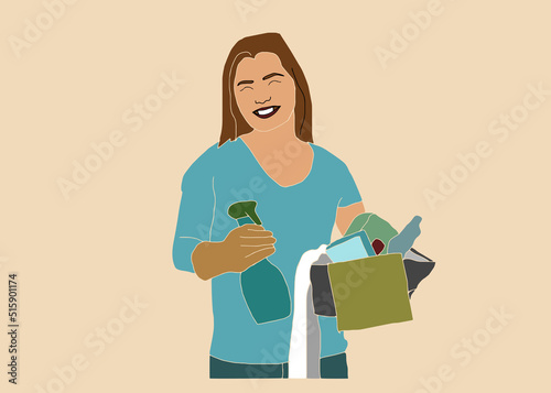 Cleaning company staff in uniform, set of two poses. Woman cartoon character cleaner with thumb up gesture and with bucket full of detergents. Vector illustration.