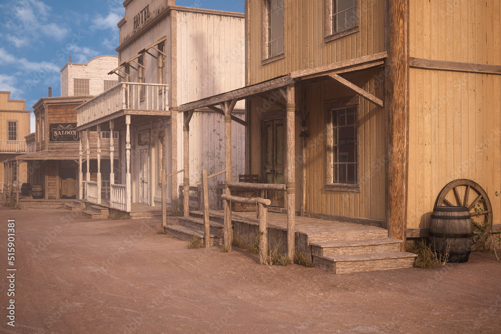 Wooden buildings in a dusty old wild west town street. 3D illustration.
