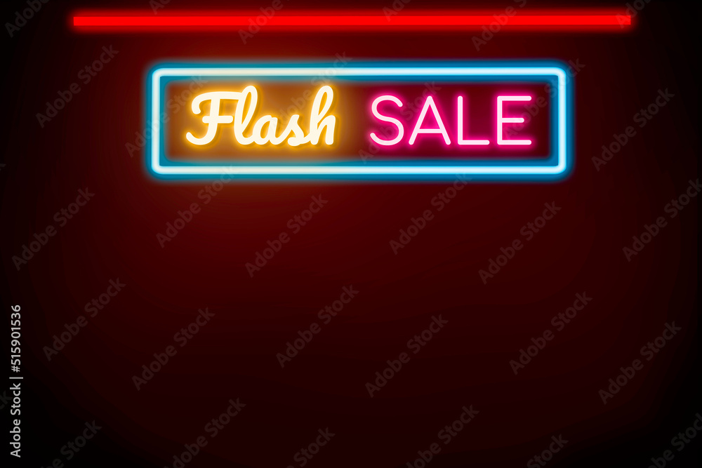 Flash sale neon banner light signboard on brick wall background.
