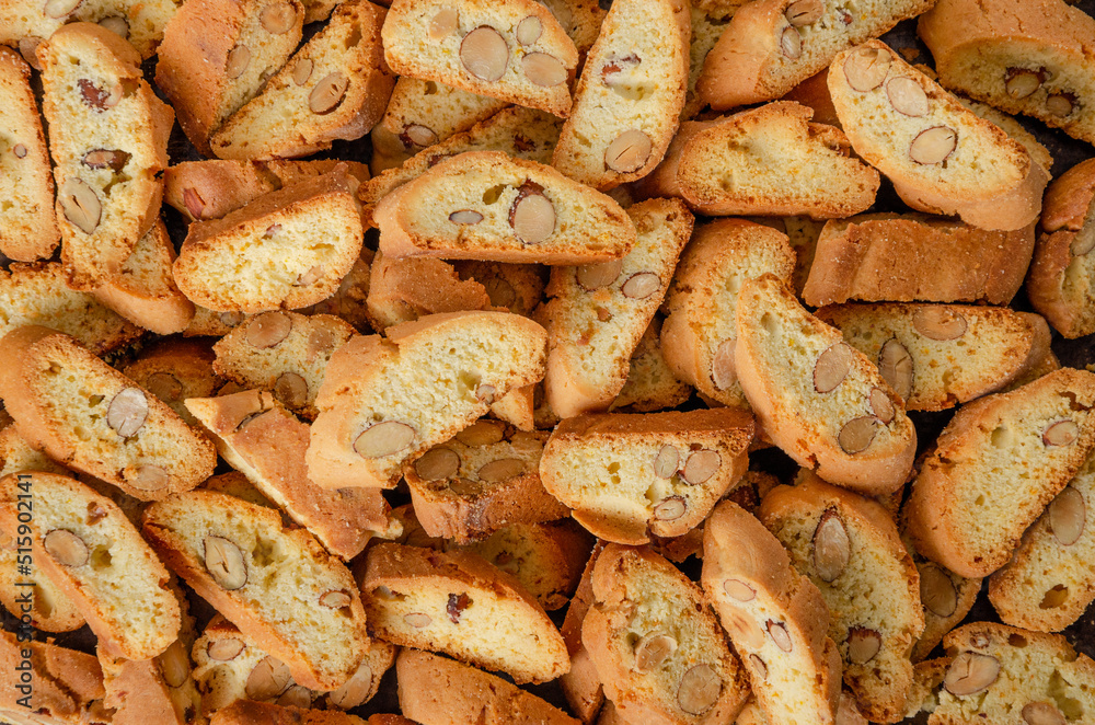 Traditional Italian cantuccini cookies with almonds. Food background. Top view.