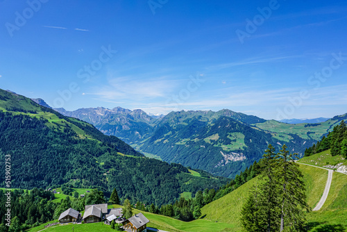 Fototapeta Naklejka Na Ścianę i Meble -  Idyllic landscape in the Alps with fresh green meadows and blooming flowers and snow-capped mountain tops in the background