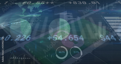 Image of financial data and graphs over navy background