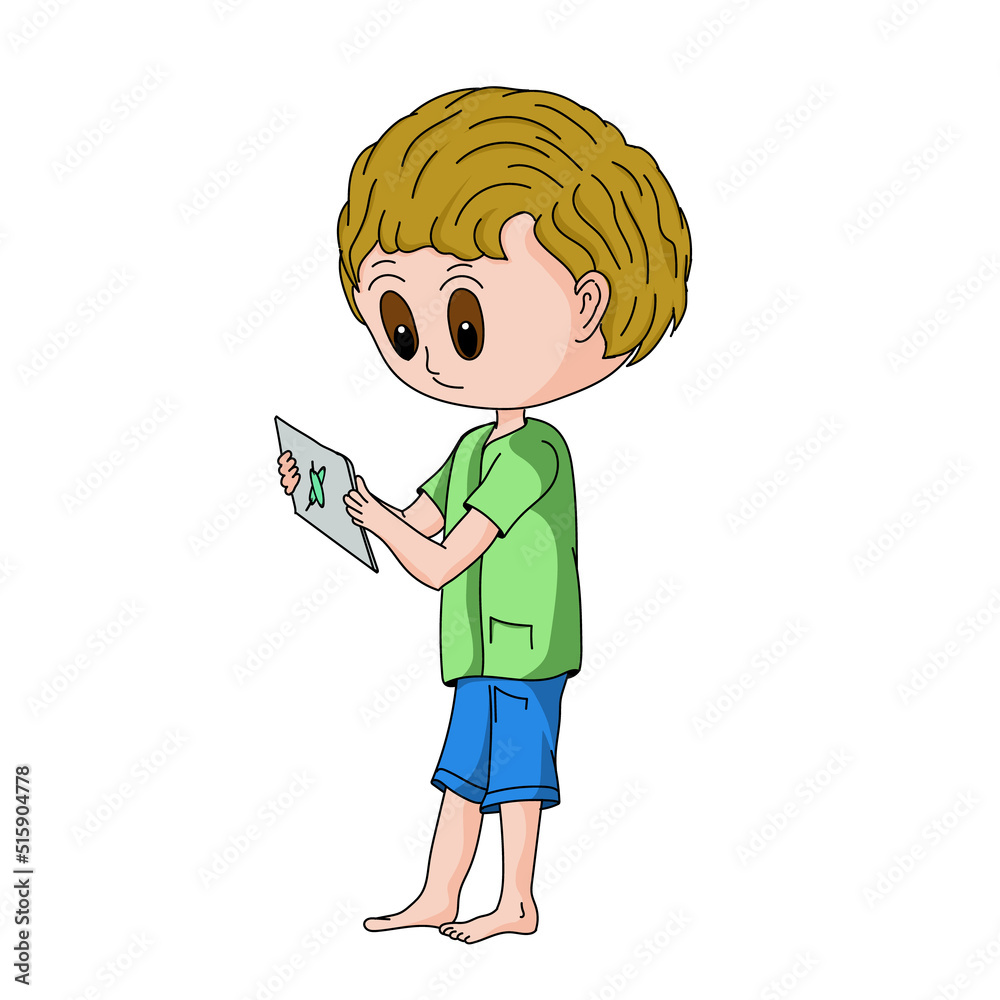 Little boy in green shirt and blue shorts is looking at his device Little boy in green shirt and blue shorts is looking at his device
