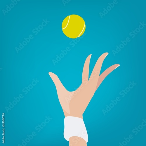 Tennis ball being tossed in the air during a match vector illustration, start of a game, serve, female hand