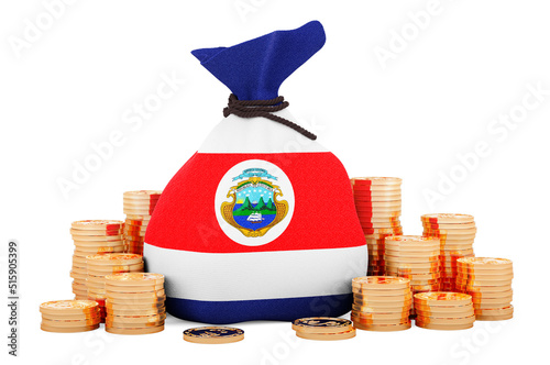 Money bag with Costa Rican flag and golden coins around, 3D rendering photo