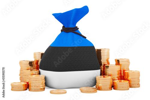 Money bag with Estonian flag and golden coins around, 3D rendering