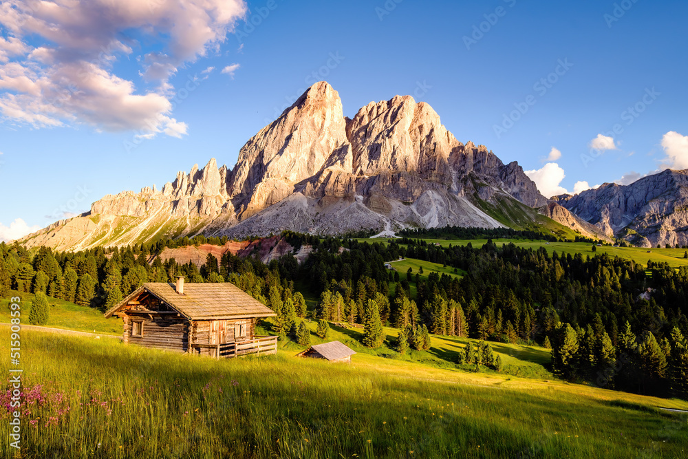 Alpine landscape - Southern Tyrol area. Popular travel destination. Fantastic view of Peitlerkofel mountain from Passo delle Erbe in Dolomites