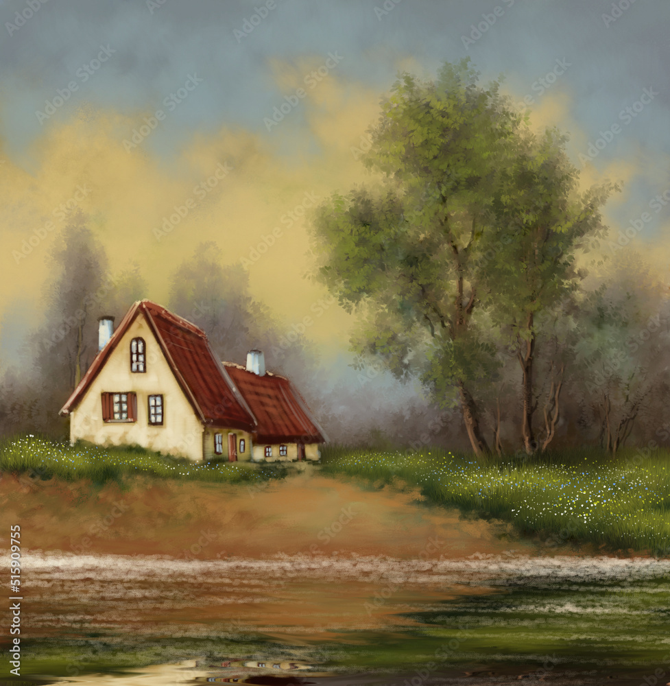 Fototapeta premium Old house in the countryside, paintings landscape