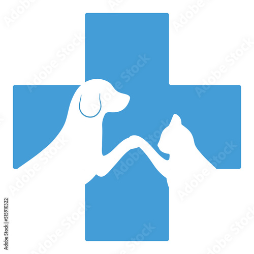 Illustration of the logo of a veterinary clinic. Dog and cat on the background of a medical cross.