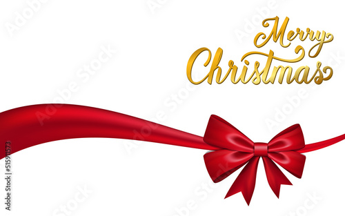 Merry Christmas background. Gold elegant calligraphic lettering isolated on white. Bright golden text. Realistic 3D red ribbon bow. Decoration Christmas and Happy New Year holiday Vector illustration