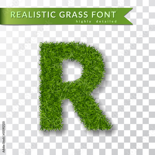 Grass letter R, alphabet 3D design. Capital letter text. Green font isolated white transparent background, shadow. Symbol eco nature environment, save the planet. Realistic meadow Vector illustration
