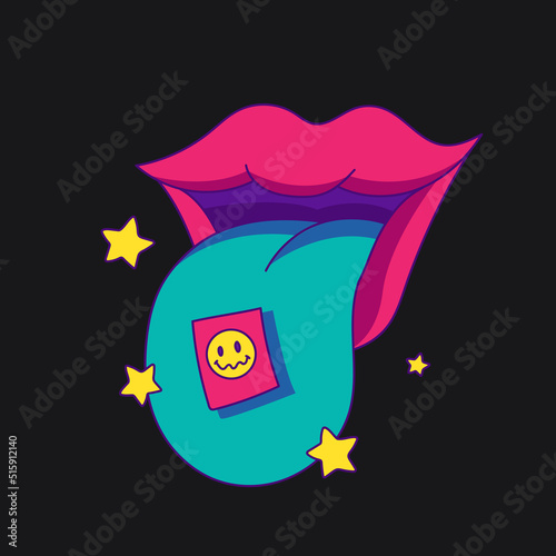 Psychedelic rave acid poster with open mouth tongue and drug. Vector cartoon illustration in retro style
