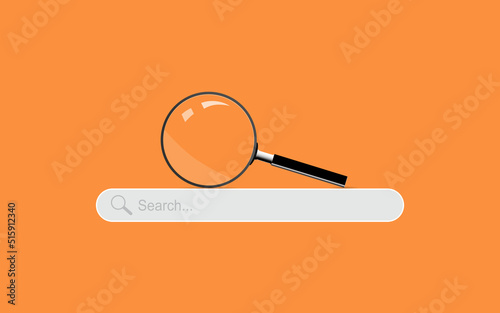 Search bar and magnifying glass in orange background. Searching information data on internet networking concept.