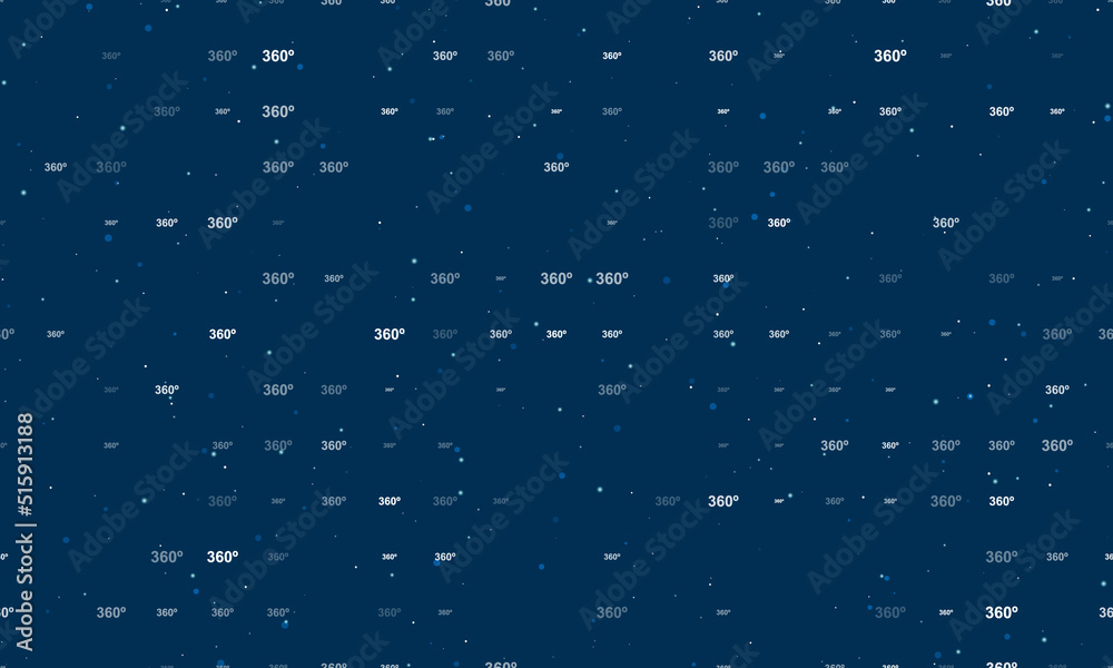 Naklejka premium Seamless background pattern of evenly spaced white 360 degree symbols of different sizes and opacity. Vector illustration on dark blue background with stars