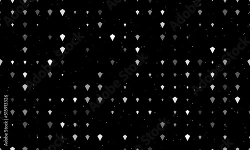 Seamless background pattern of evenly spaced white kite symbols of different sizes and opacity. Vector illustration on black background with stars