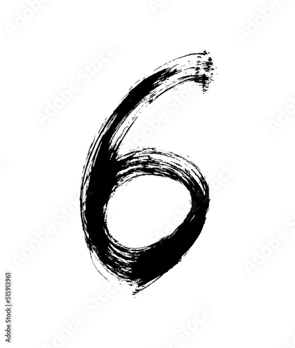 Numeral six drawn with a brush.Hand drawn vector illustration.