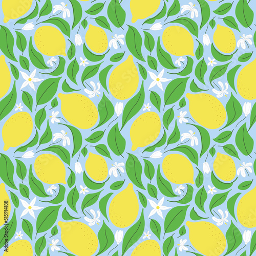 Lemons seamless pattern. Yellow citrus fruits, leaves and flowers