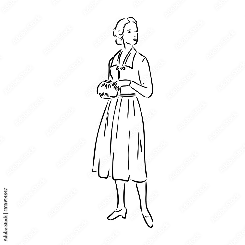 Black and white retro fashion model in sketch style. Hand drawn vector illustration Black and white retro fashion model in sketch style. Hand drawn vector illustration