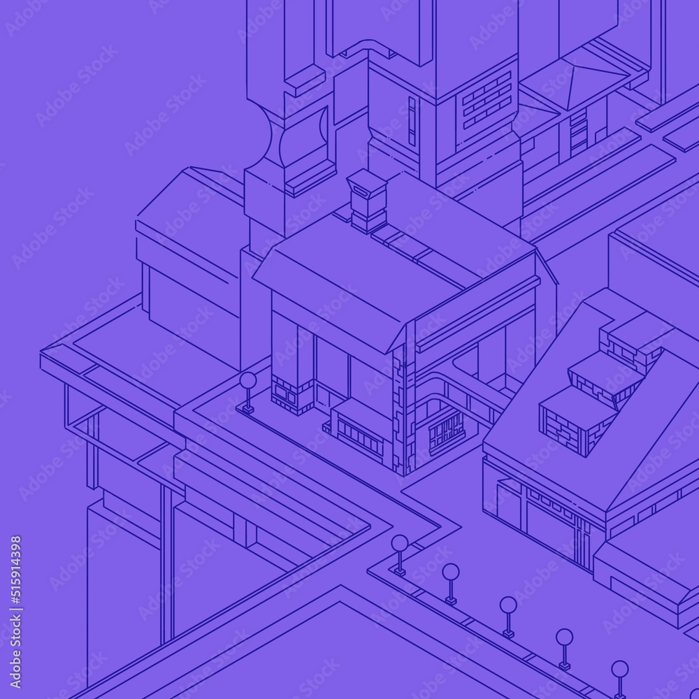 Isometric view of city, doodle style ,drawing of a house building structure Isometric view of city, doodle style ,drawing of a house building structure