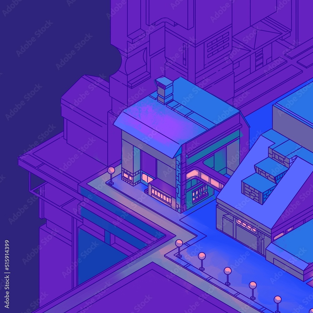 Isometric view of city, doodle style ,drawing of a house building structure 
