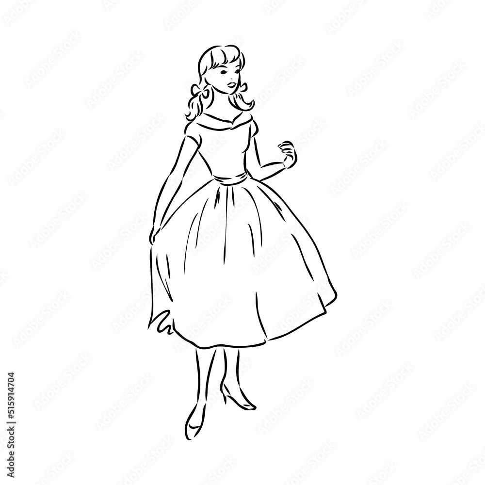 Black and white retro fashion model in sketch style. Hand drawn vector illustration Black and white retro fashion model in sketch style. Hand drawn vector illustration