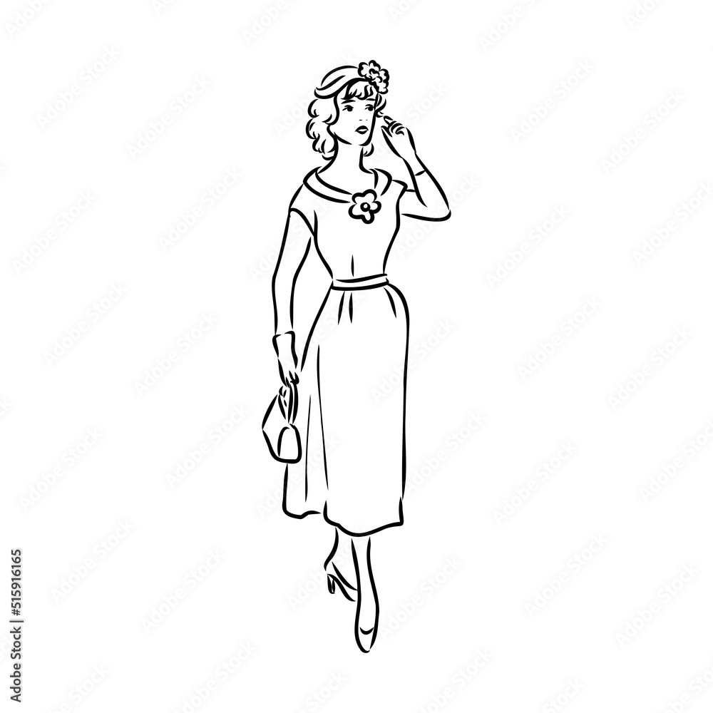Black and white retro fashion model in sketch style. Hand drawn vector illustration Black and white retro fashion model in sketch style. Hand drawn vector illustration