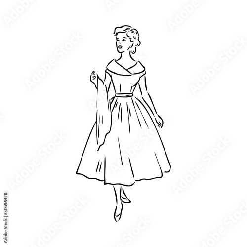 Black and white retro fashion model in sketch style. Hand drawn vector illustration