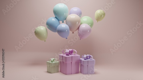 Abstract scene for birthday with multicolored creamy gift box and balloons on creamy pink background. 3d render illustration