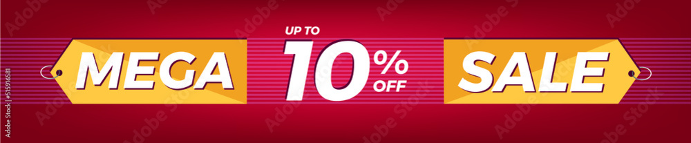 10% off. Horizontal red banner. Advertising for Mega Sale. Up to ten percent discount for promotions and offers. 10% off. Horizontal red banner. Advertising for Mega Sale. Up to ten percent discount for promotions and offers.