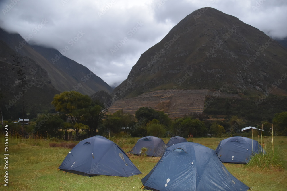 Camping along the Inca Trail on a campground in the Andes mountains of Peru