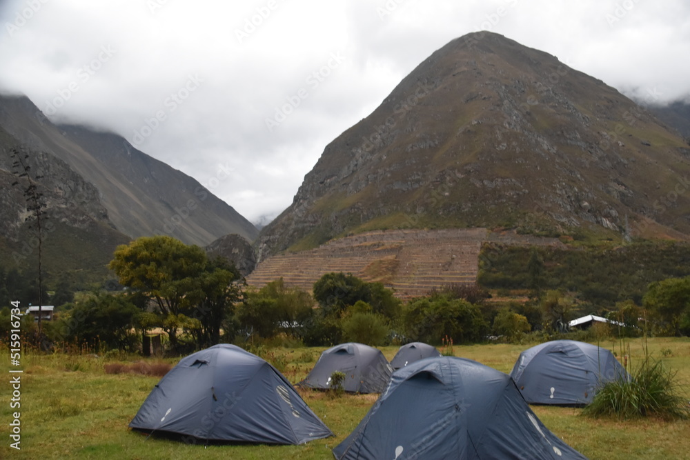 Camping along the Inca Trail on a campground in the Andes mountains of Peru