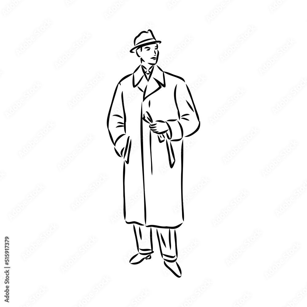 Black and white retro fashion model in sketch style. Hand drawn vector illustration