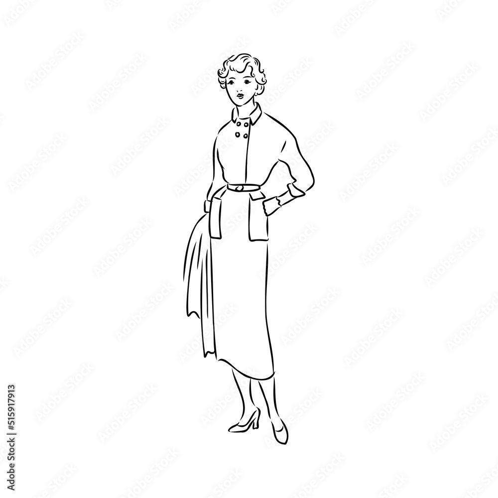 Black and white retro fashion model in sketch style. Hand drawn vector illustration Black and white retro fashion model in sketch style. Hand drawn vector illustration