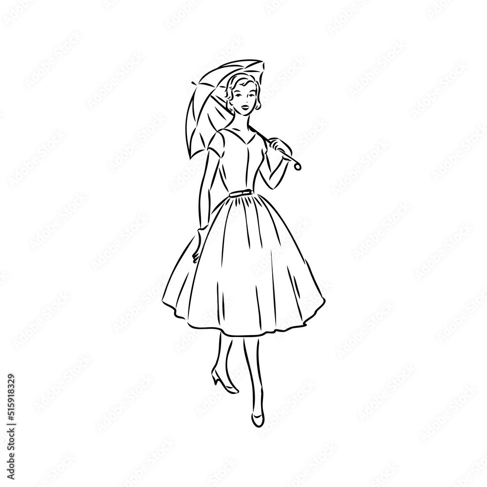 Fototapeta premium Black and white retro fashion model in sketch style. Hand drawn vector illustration