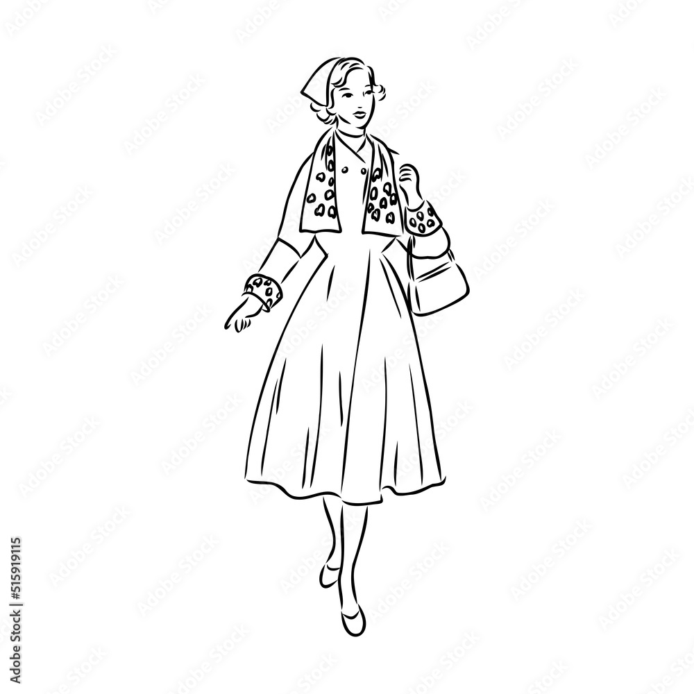 Black and white retro fashion model in sketch style. Hand drawn vector illustration Black and white retro fashion model in sketch style. Hand drawn vector illustration