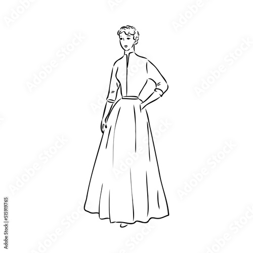 Black and white retro fashion model in sketch style. Hand drawn vector illustration